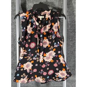 Monteau Los Angeles Womens Black Floral Tie Neck Peplum Blouse Large 28126